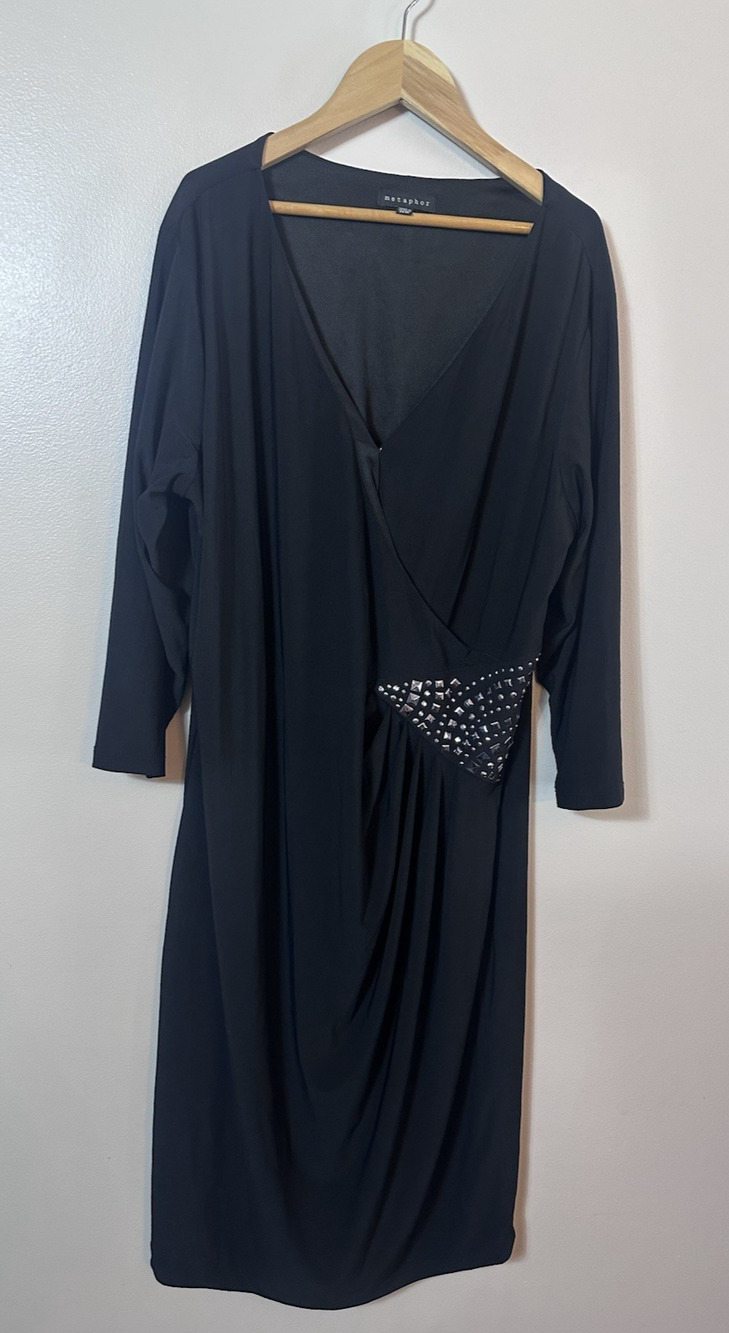 Metaphor Dress Womens 14W Black Surplice 3/4 Sleeve Silver‎ Accents Stretchy LBD